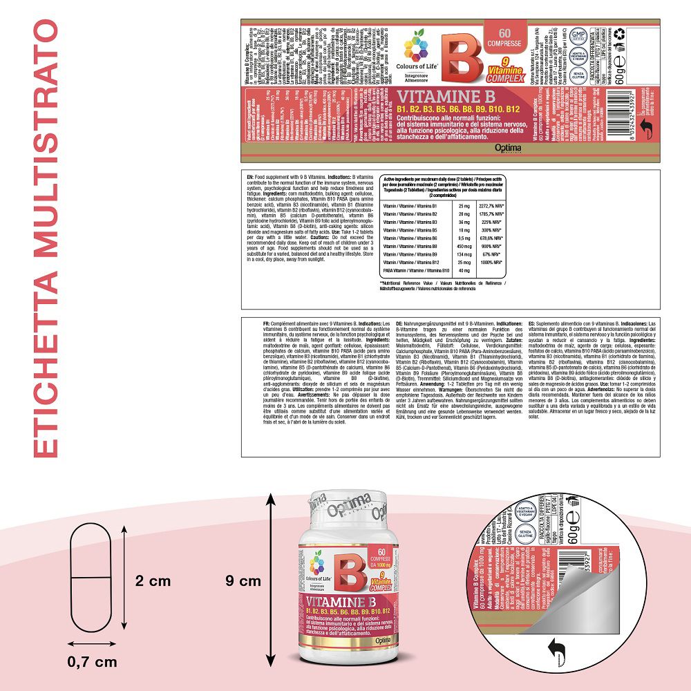 Etichetta con informazioni sul prodotto e dimensioni di una compressa e di un flacone.