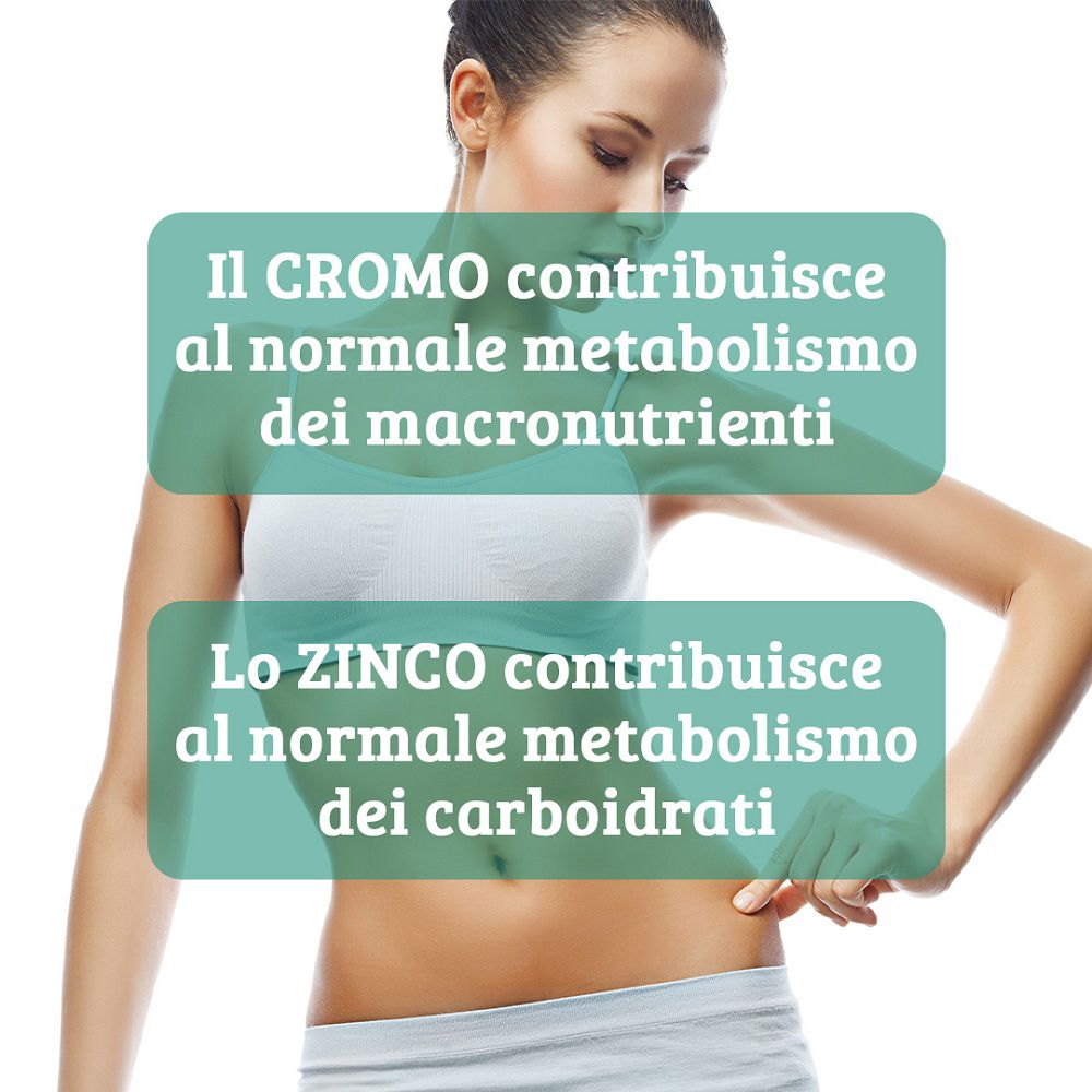 Donna con focus sull'addome, con fumetti sul ruolo di cromo e zinco nel metabolismo.