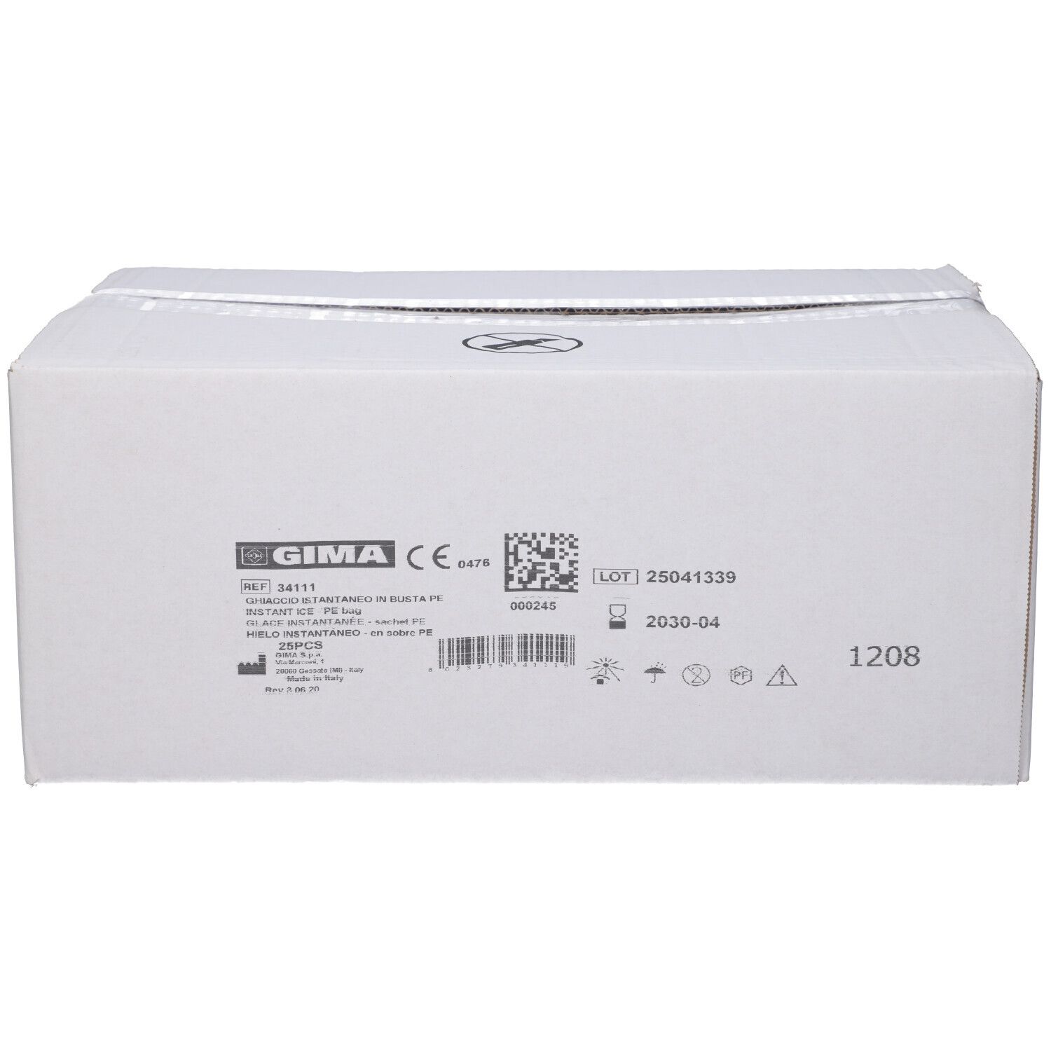 Confezione in cartone bianco con testo e logo. Contiene informazioni come REF, LOT e marcatura CE.