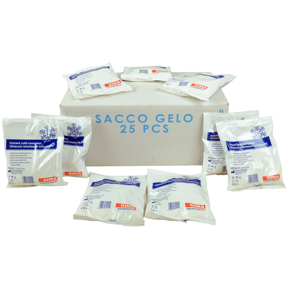 Scatola con più buste bianche. Scritta 'SACCO GELO 25 PCS'. Marchio GIMA.