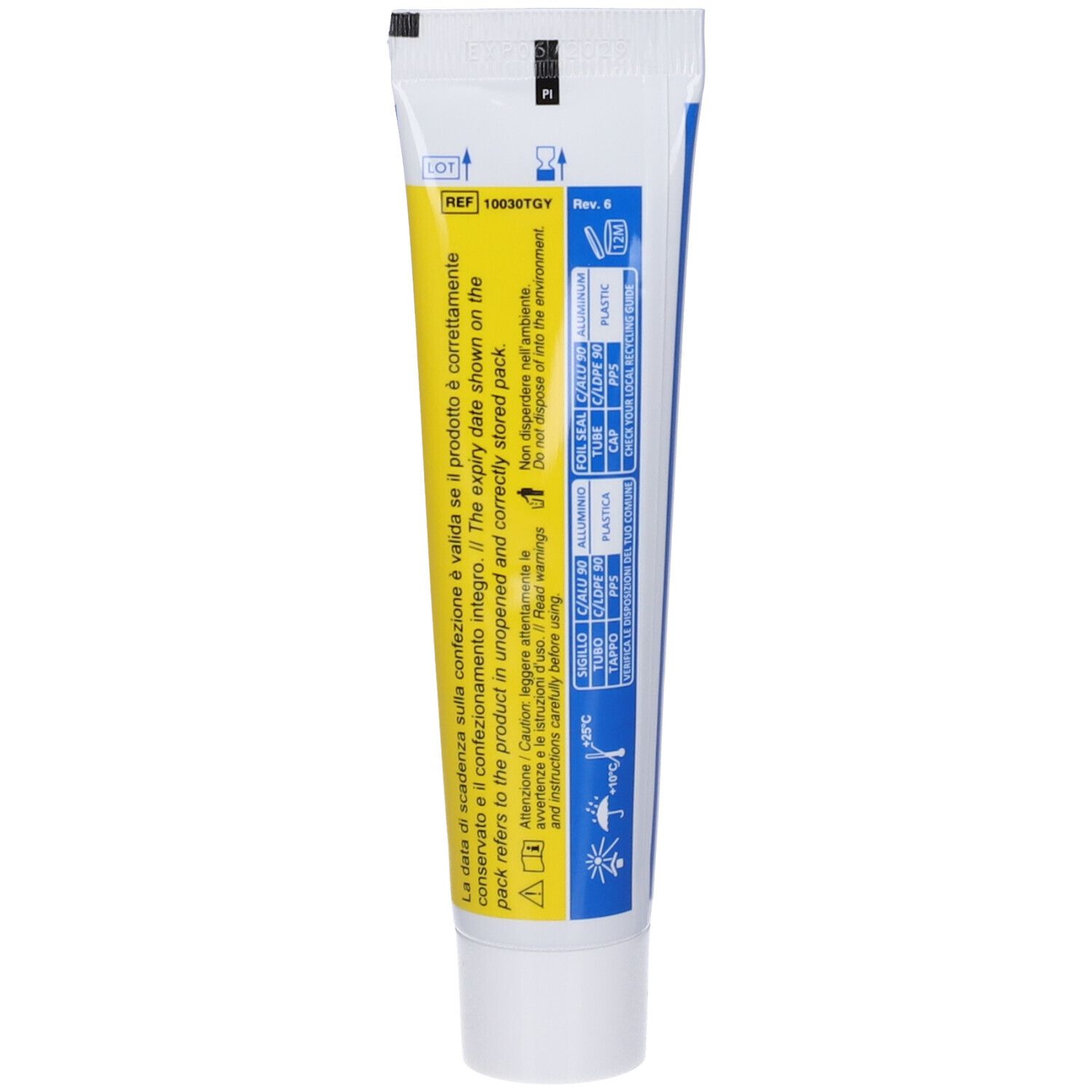 Retro di un tubo di gel. Contiene testo e informazioni in italiano.