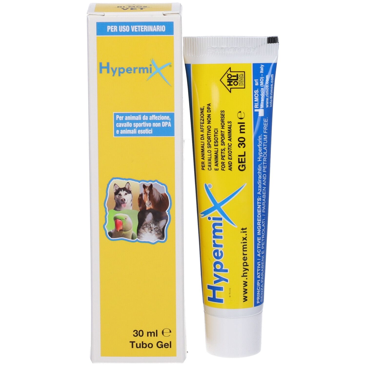 Tubo gel e confezione. Design giallo e blu. Testo in italiano. Per animali.