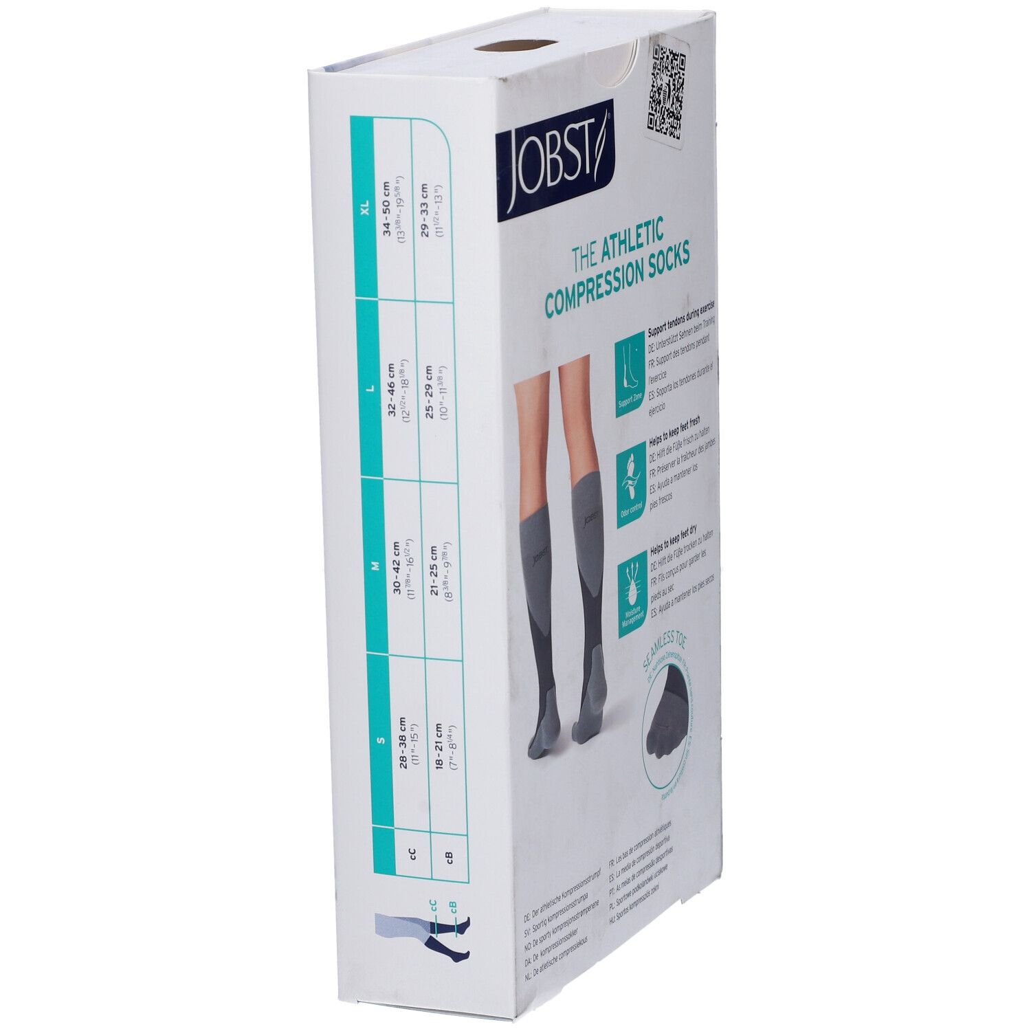 Confezione Jobst Sport. Informazioni taglie calze compressive. Taglie: S, M, L, XL. Illustrazione calze.