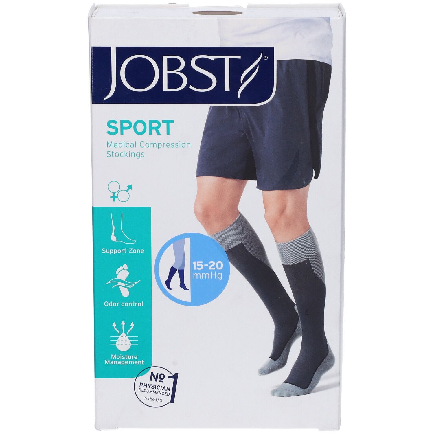 Confezione Jobst Sport calze compressive mediche. Uomo con calze. 15-20 mmHg. Controllo odori e umidità. Zona di supporto.
