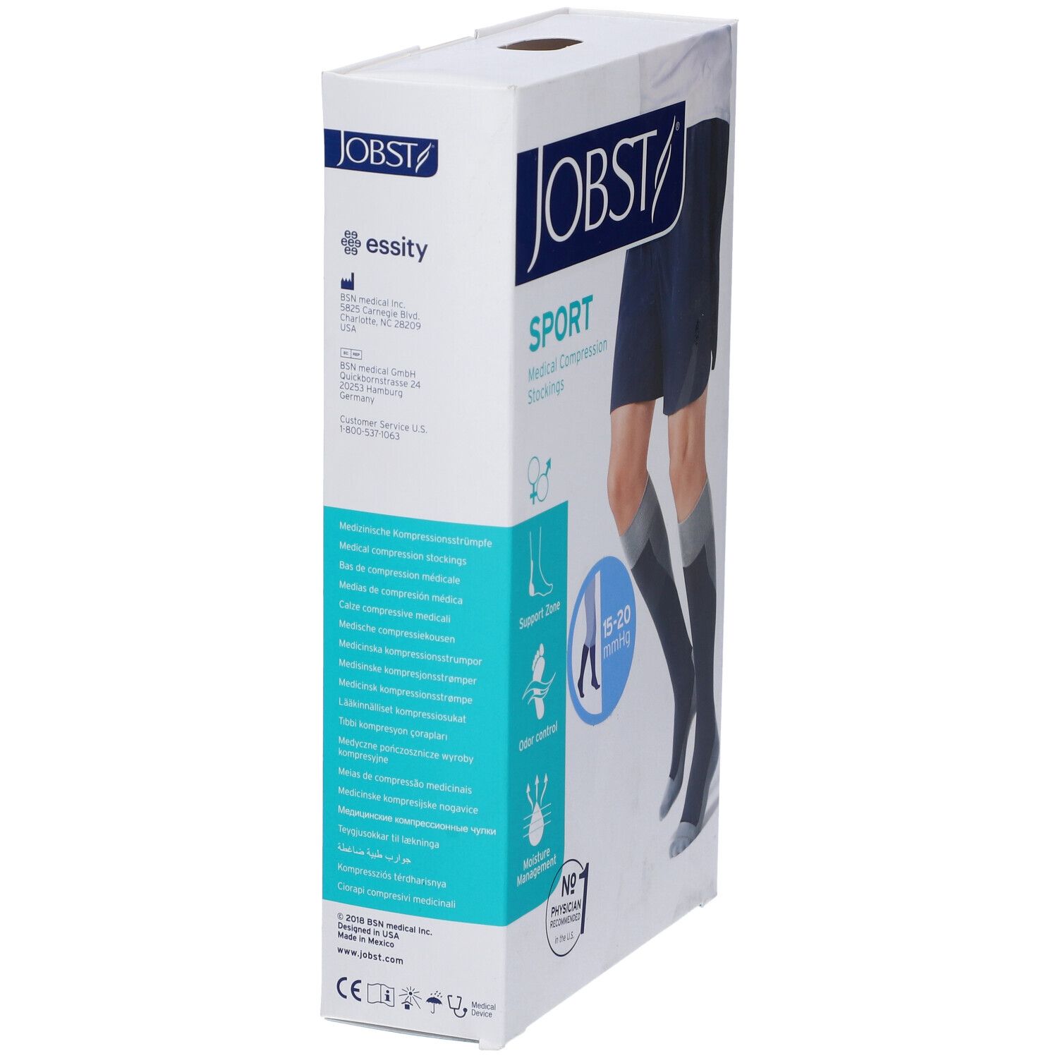 JOBST Sport calze a compressione 15-20 mmHg, confezione. Immagine del prodotto. Dispositivo medico. Logo Essity.