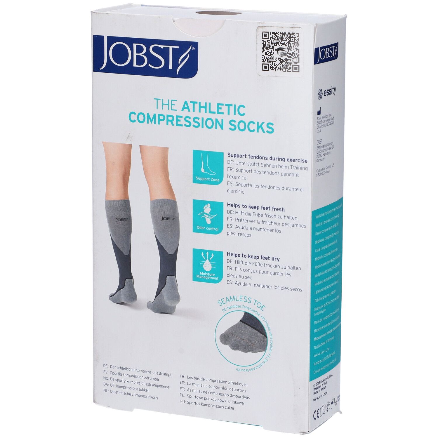 Retro della confezione. JOBST THE ATHLETIC COMPRESSION SOCKS. Illustrazioni. Dispositivo medico. Seamless Toe.
