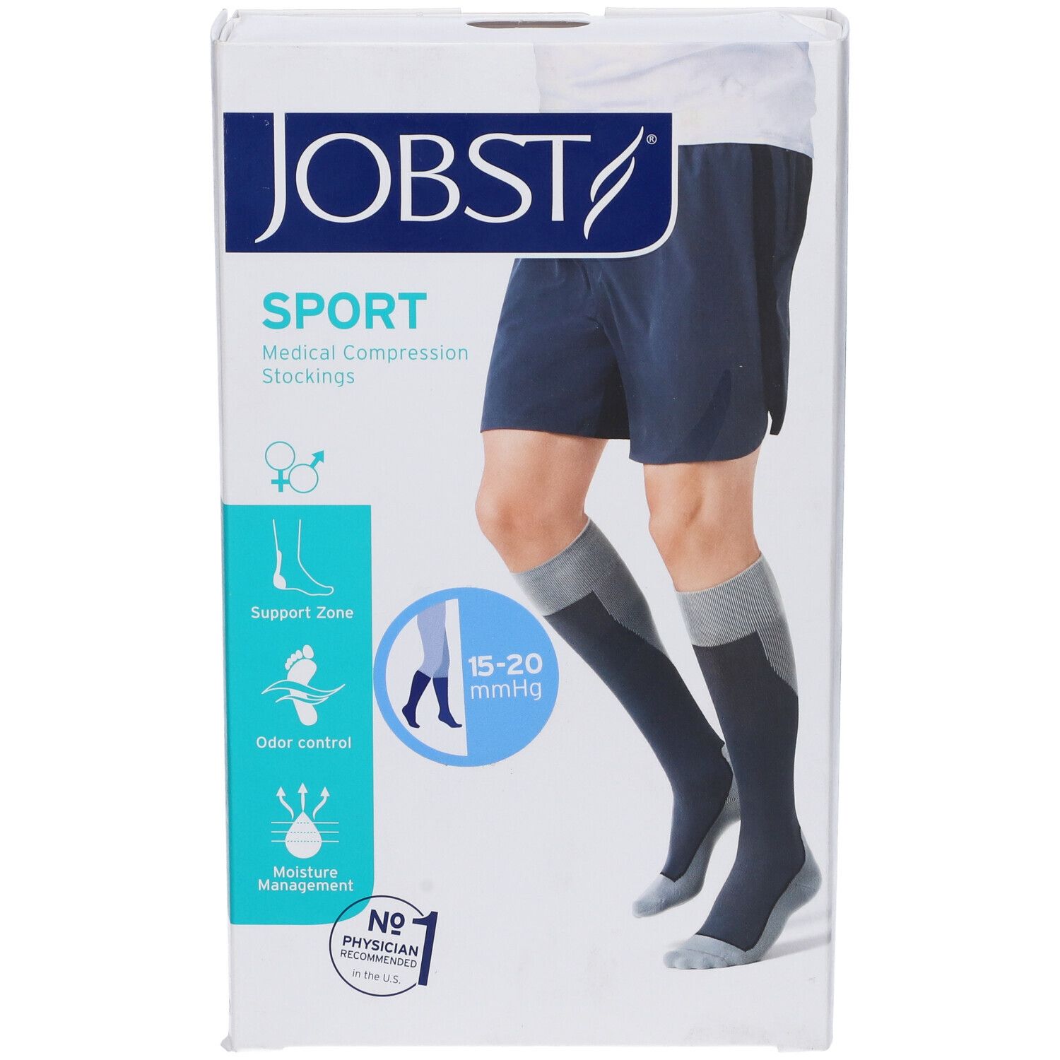 JOBST Sport calze a compressione medicale 15-20 mmHg, in confezione. Gamba con calza illustrata. Dispositivo medico.