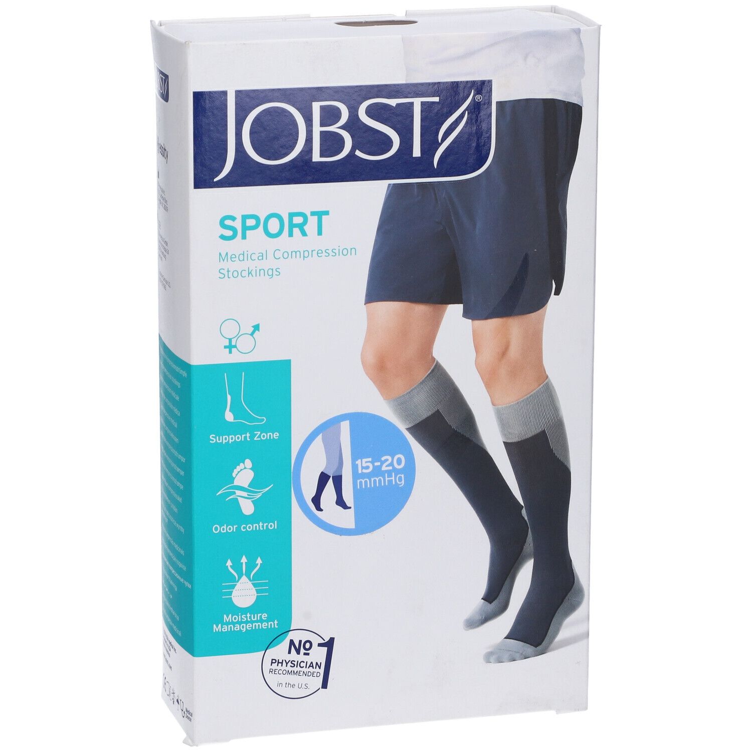 JOBST Sport calze a compressione medicale 15-20 mmHg, in confezione. Gamba con calza illustrata. Dispositivo medico.
