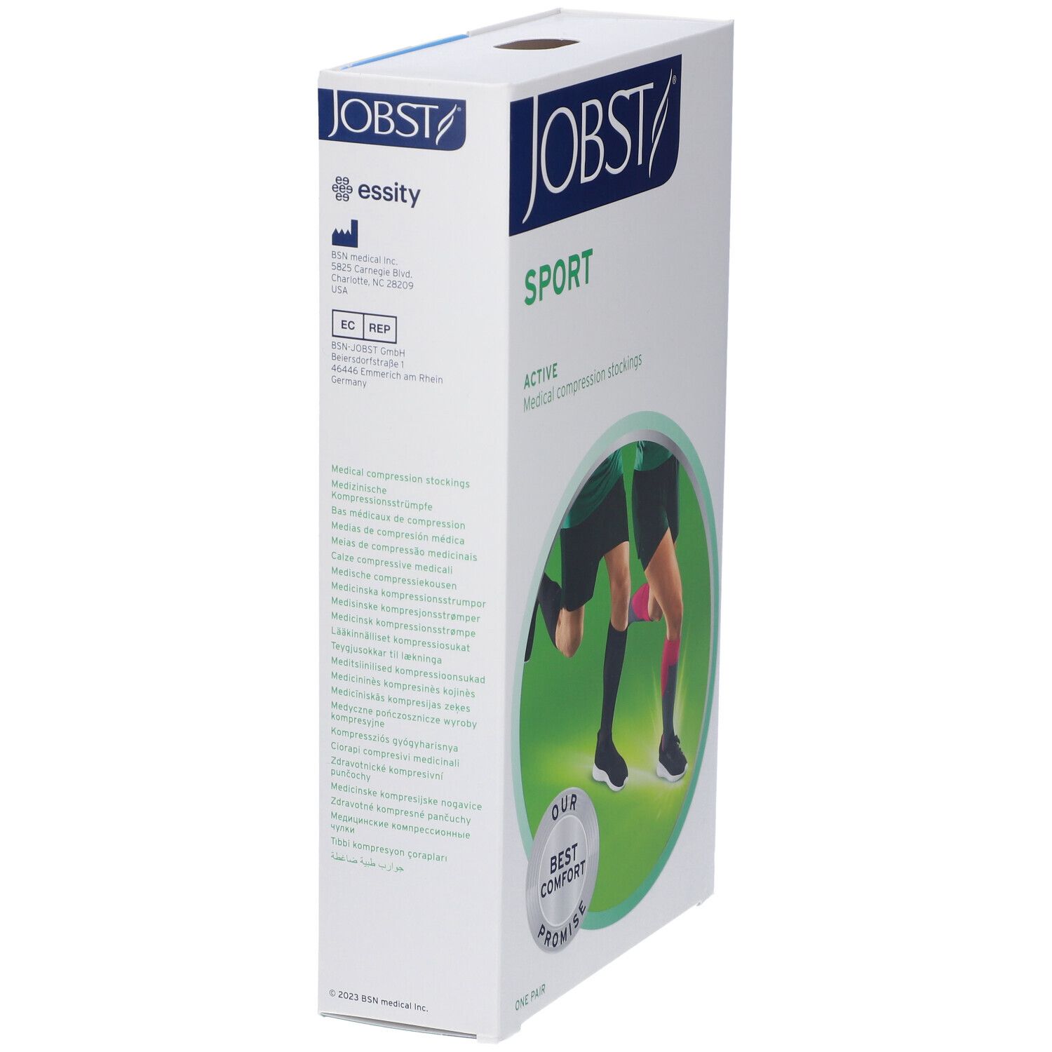 Confezione JOBST Sport. Scatola bianca con logo e testo. Contiene informazioni sul prodotto e sul produttore.