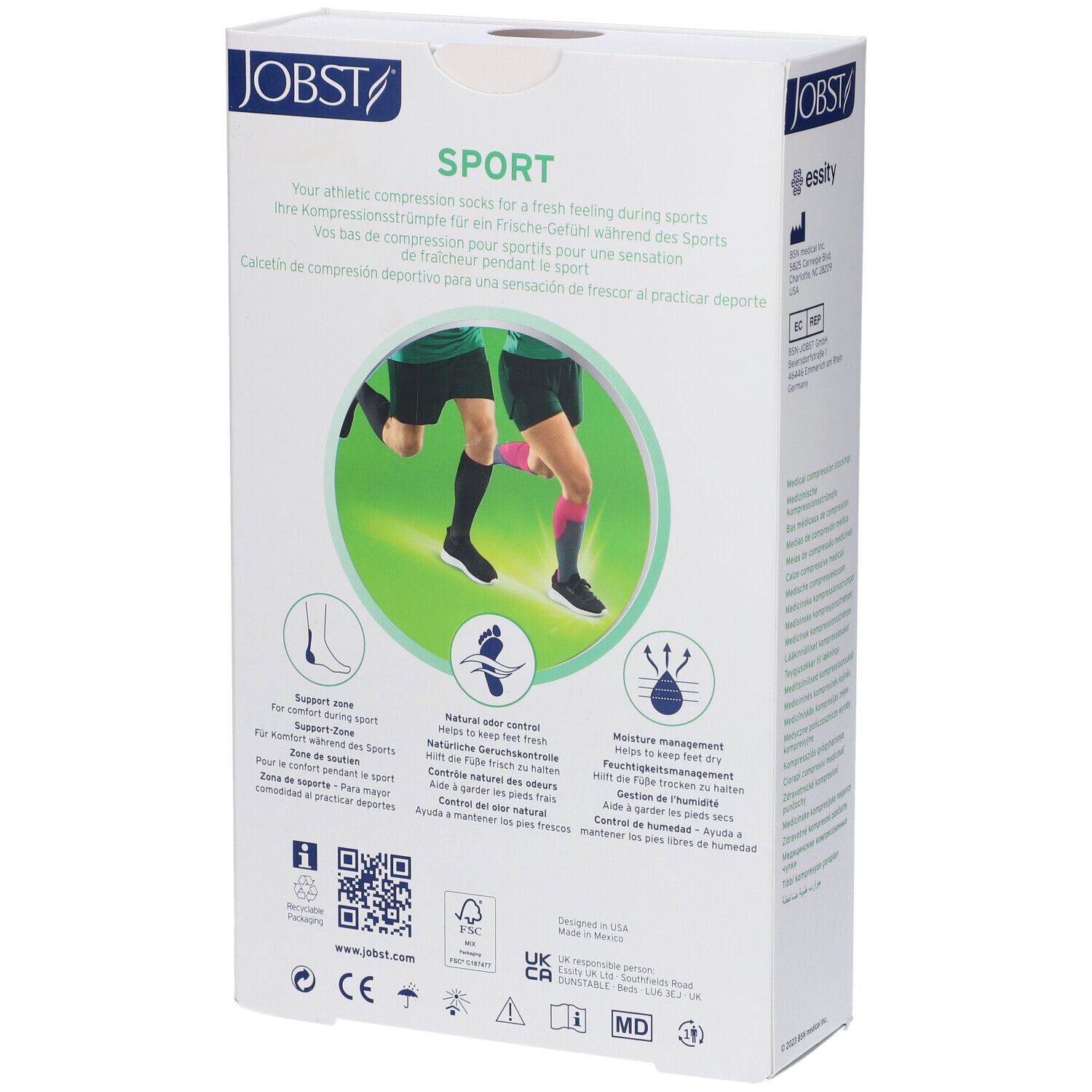 Retro della confezione JOBST Sport. Contiene informazioni sul prodotto, loghi e codici QR.
