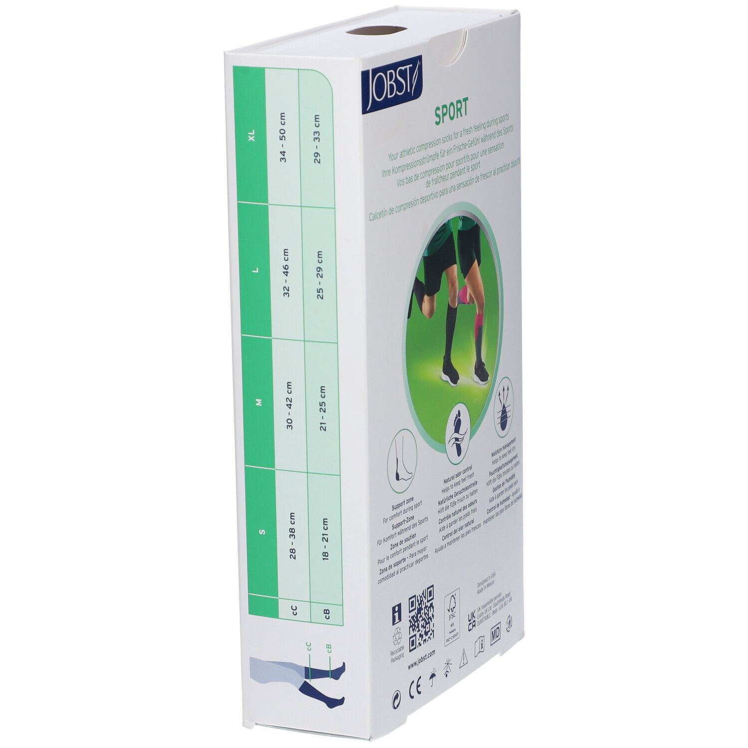 Confezione JOBST Sport. Lato con indicazioni delle taglie. Taglie: S, M, L, XL. Illustrazioni.