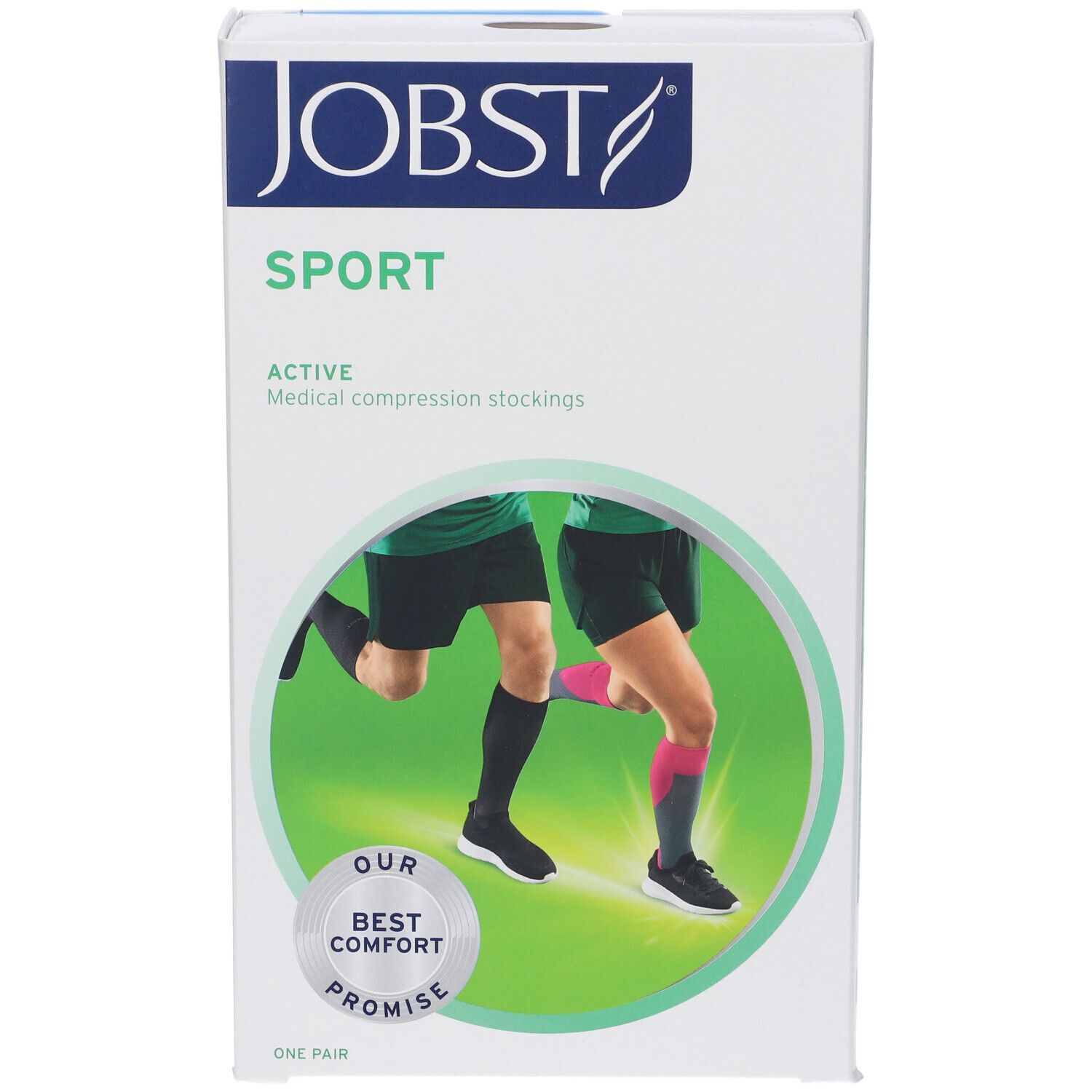 Confezione JOBST Sport. Scatola bianca con immagine del prodotto e logo. Testo: ACTIVE Medical compression stockings.