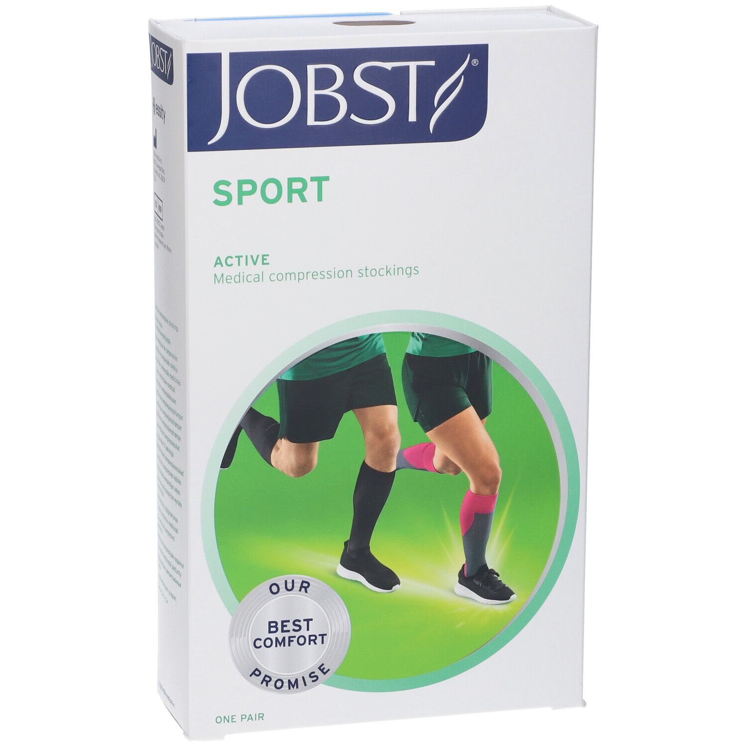 Confezione JOBST Sport. Scatola bianca con immagine del prodotto e logo. Testo: ACTIVE Medical compression stockings.