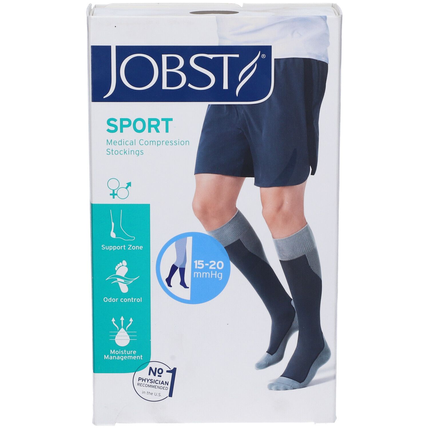 Confezione di calze a compressione JOBST Sport. Scritte: Sport, 15-20 mmHg, Support Zone, controllo odori, gestione umidità.