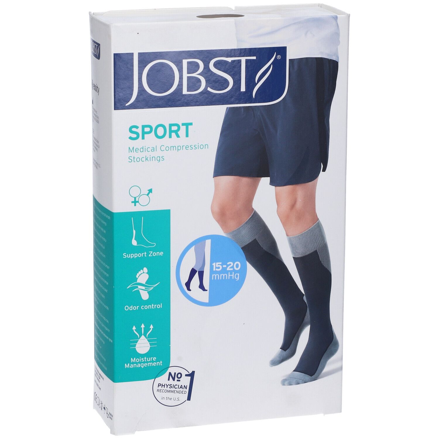 Confezione di calze a compressione JOBST Sport. Scritte: Sport, 15-20 mmHg, Support Zone, controllo odori, gestione umidità.
