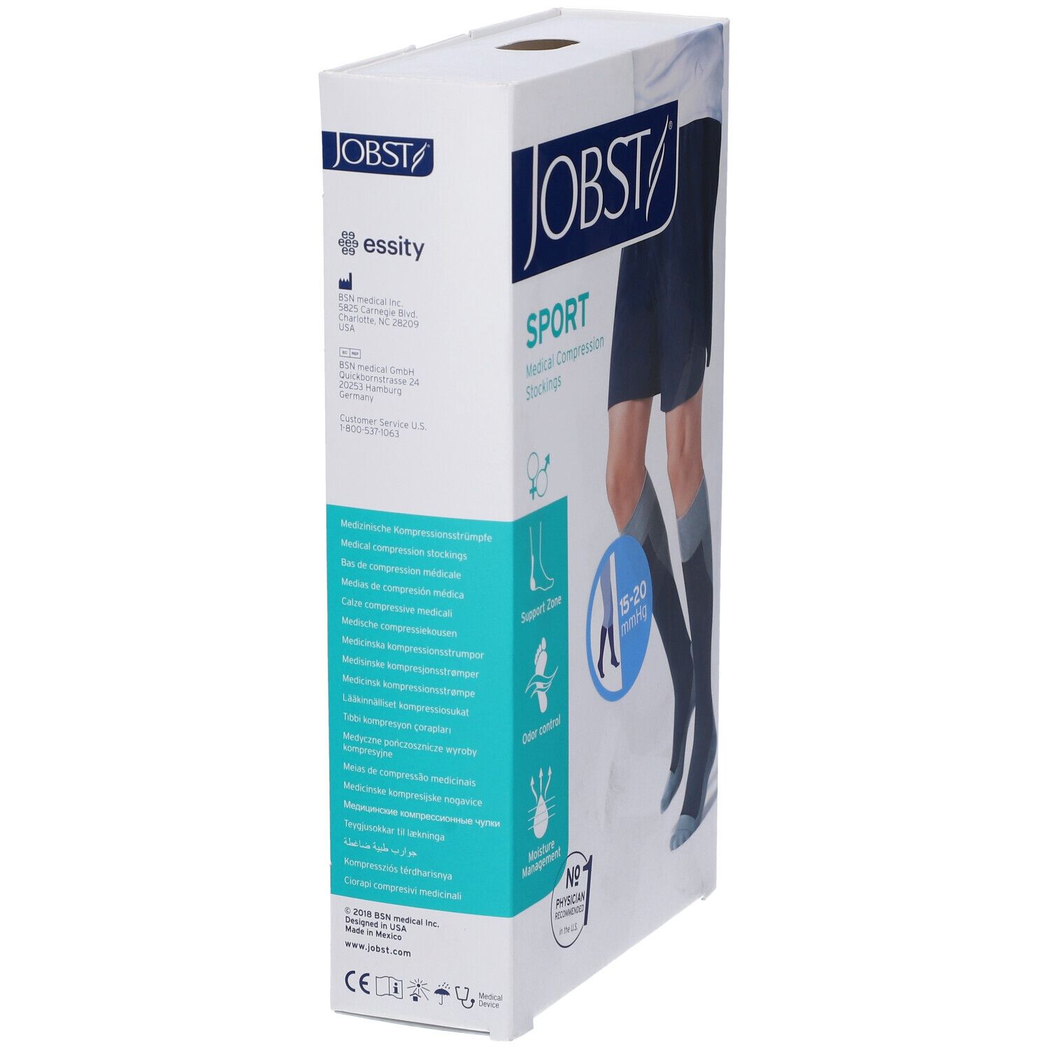Confezione di calze compressive. Marca JOBST, modello Sport. Calze compressive mediche. Informazioni e loghi sulla confezione.