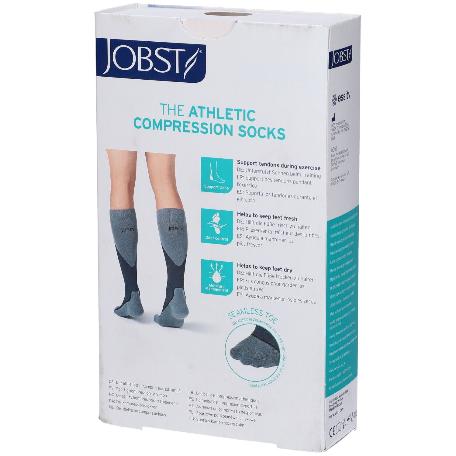 Retro della confezione di calze compressive. Marca JOBST, modello Sport. Descrizione delle caratteristiche e dei vantaggi.