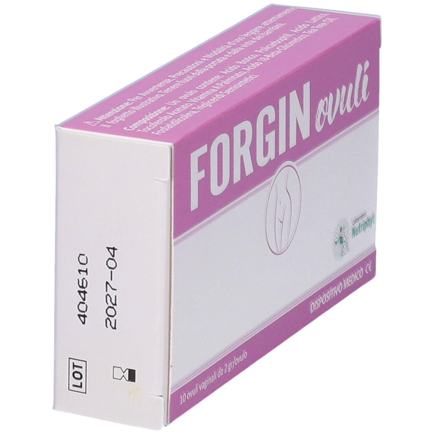 Scatola rosa con scritta "FORGIN ovuli". Stampe: numero di lotto, scadenza, dispositivo medico.