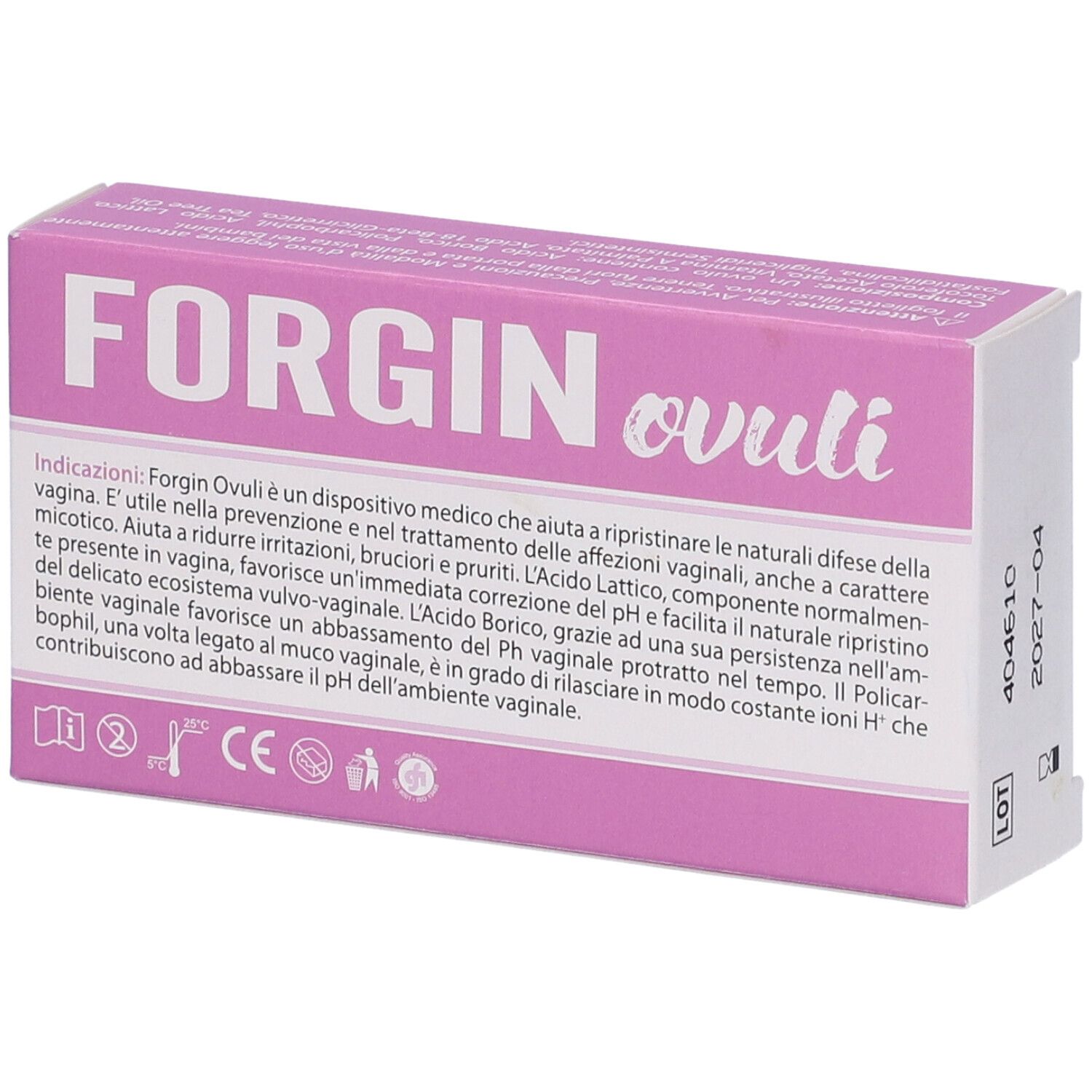 Scatola rosa con scritta "FORGIN ovuli" e testo. Marchio dispositivo medico, marchio CE.