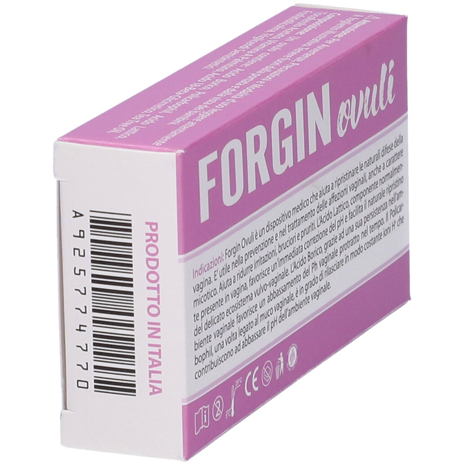 Scatola rosa con scritta "FORGIN ovuli". Stampa: "PRODOTTO IN ITALIA", codice a barre.
