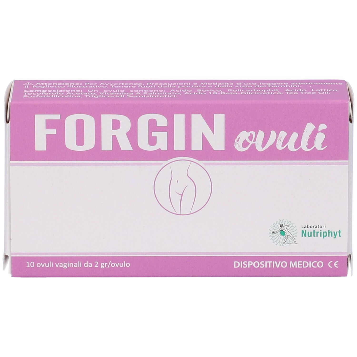 Scatola rosa con scritta "FORGIN ovuli" e disegno. 10 ovuli vaginali, dispositivo medico.