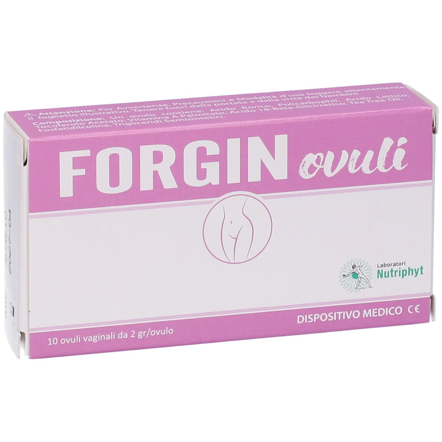 Scatola rosa con scritta "FORGIN ovuli" e disegno. 10 ovuli vaginali, dispositivo medico.