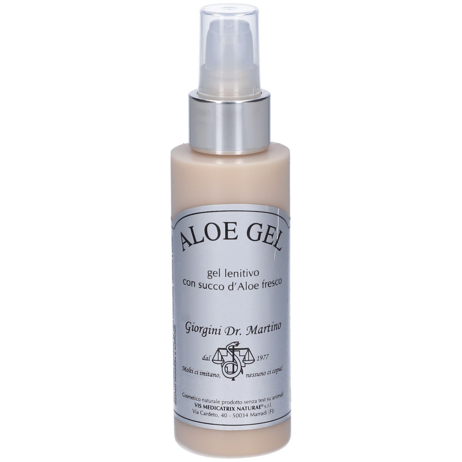 Flacone di Aloe Gel con vaporizzatore. Liquido beige. Etichetta con testo: Aloe Gel, Giorgini Dr. Martino.