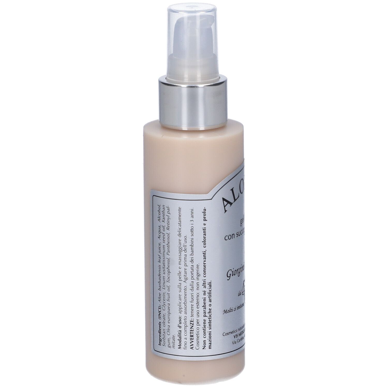 Flacone di Aloe Gel con vaporizzatore. Liquido beige. Etichetta con testo e ingredienti.