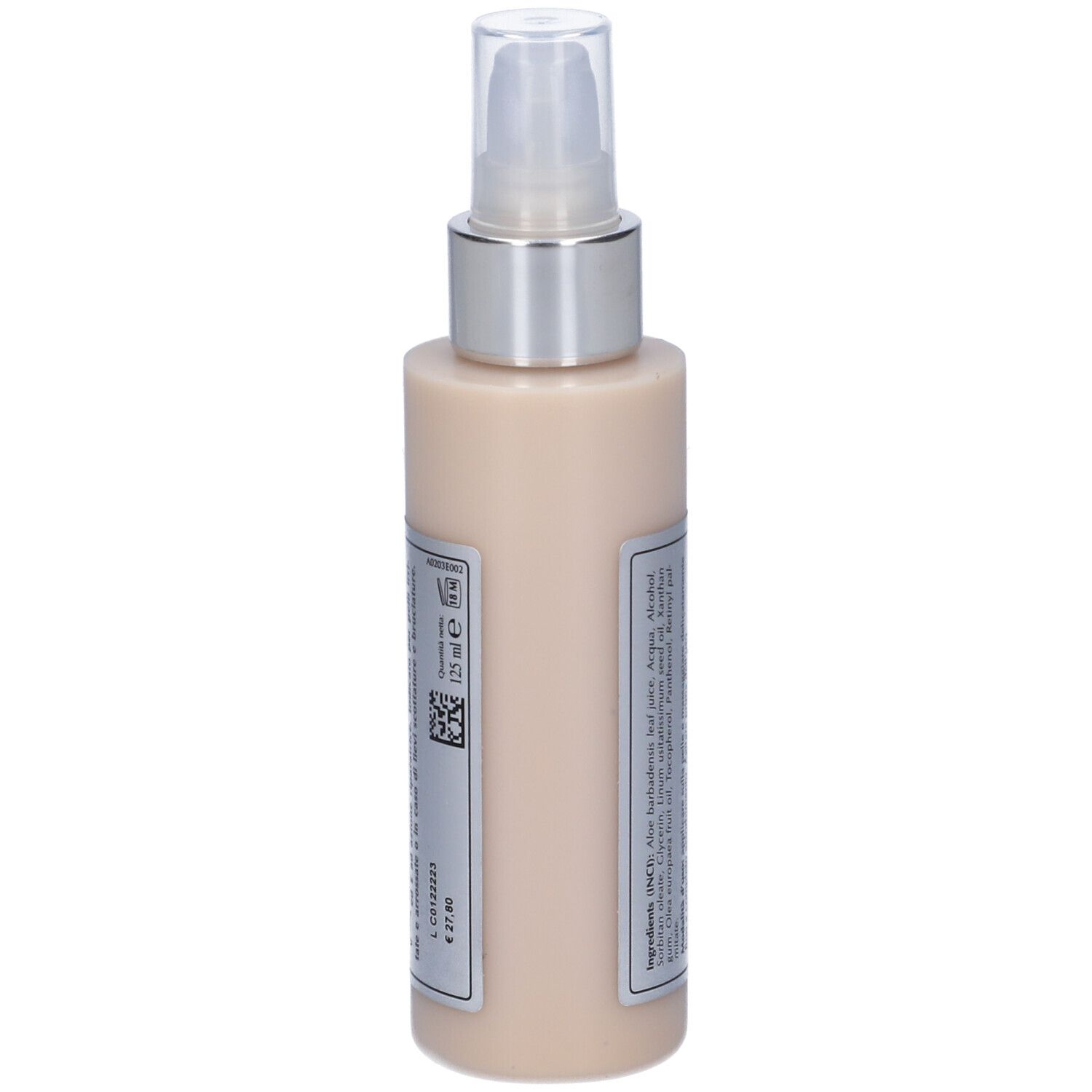 Flacone di Aloe Gel con vaporizzatore. Liquido beige. Etichetta con testo e codice QR.