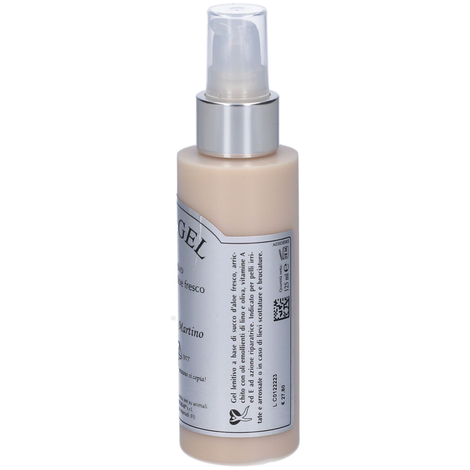 Flacone di Aloe Gel con vaporizzatore. Liquido beige. Etichetta con testo: Aloe Gel, Giorgini Dr. Martino.