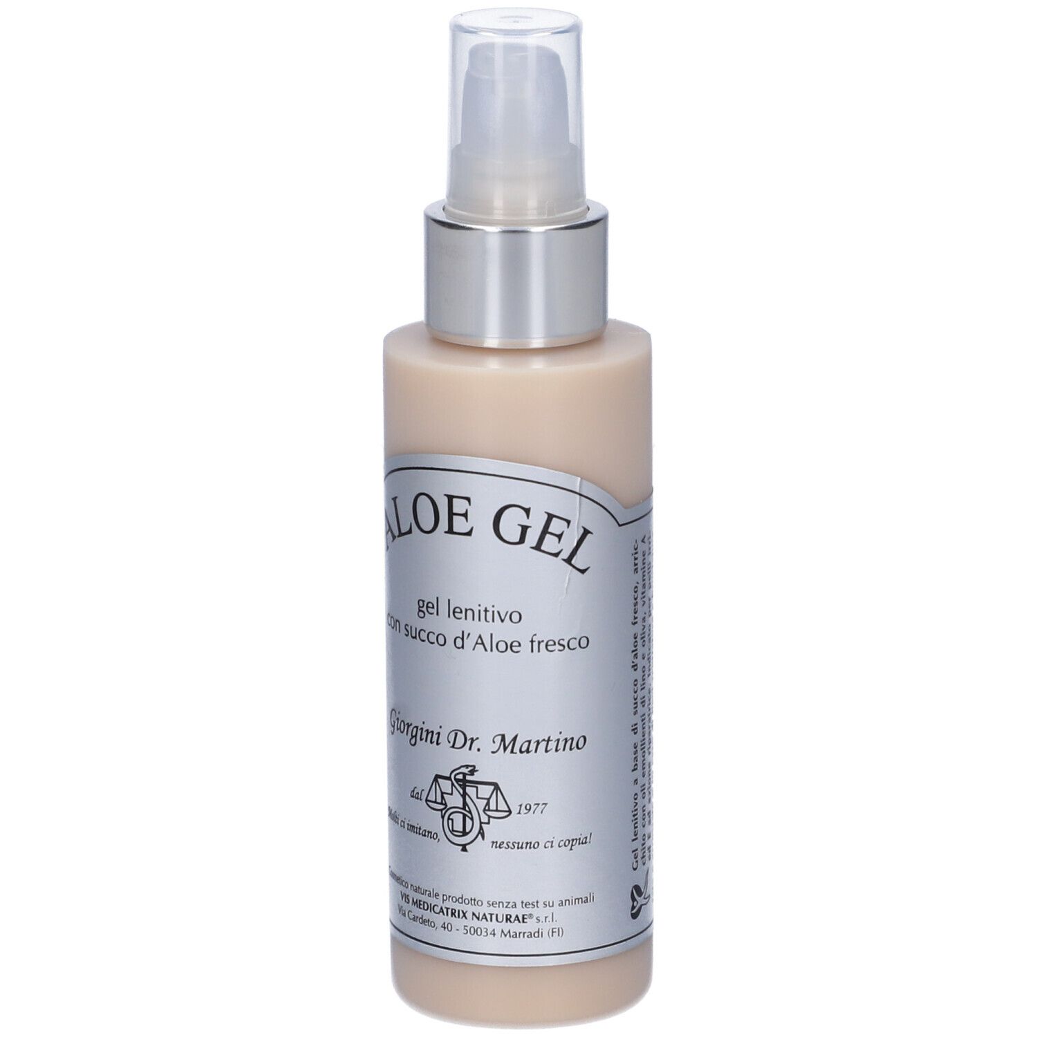 Flacone di Aloe Gel con vaporizzatore. Liquido beige. Etichetta con testo: Aloe Gel, Giorgini Dr. Martino.