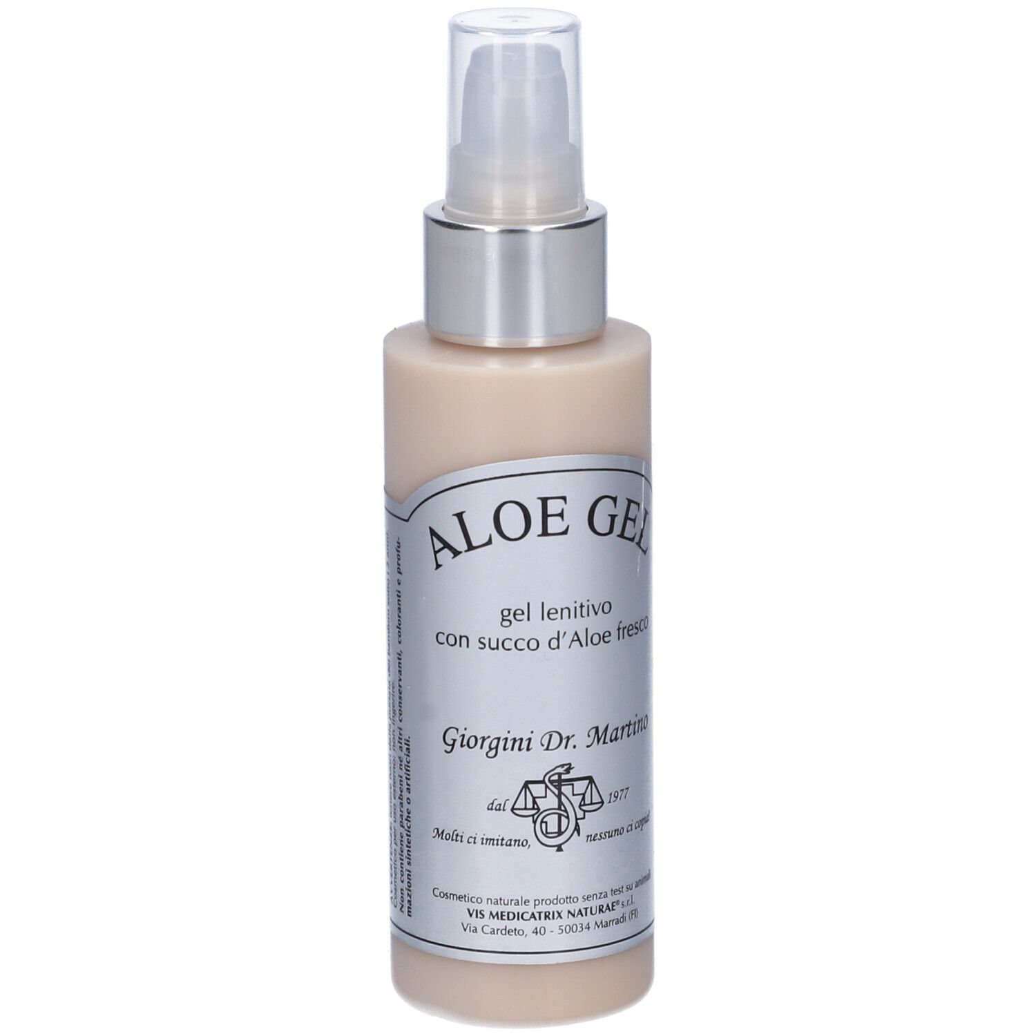 Flacone di Aloe Gel con vaporizzatore. Liquido beige. Etichetta con testo: Aloe Gel, Giorgini Dr. Martino.