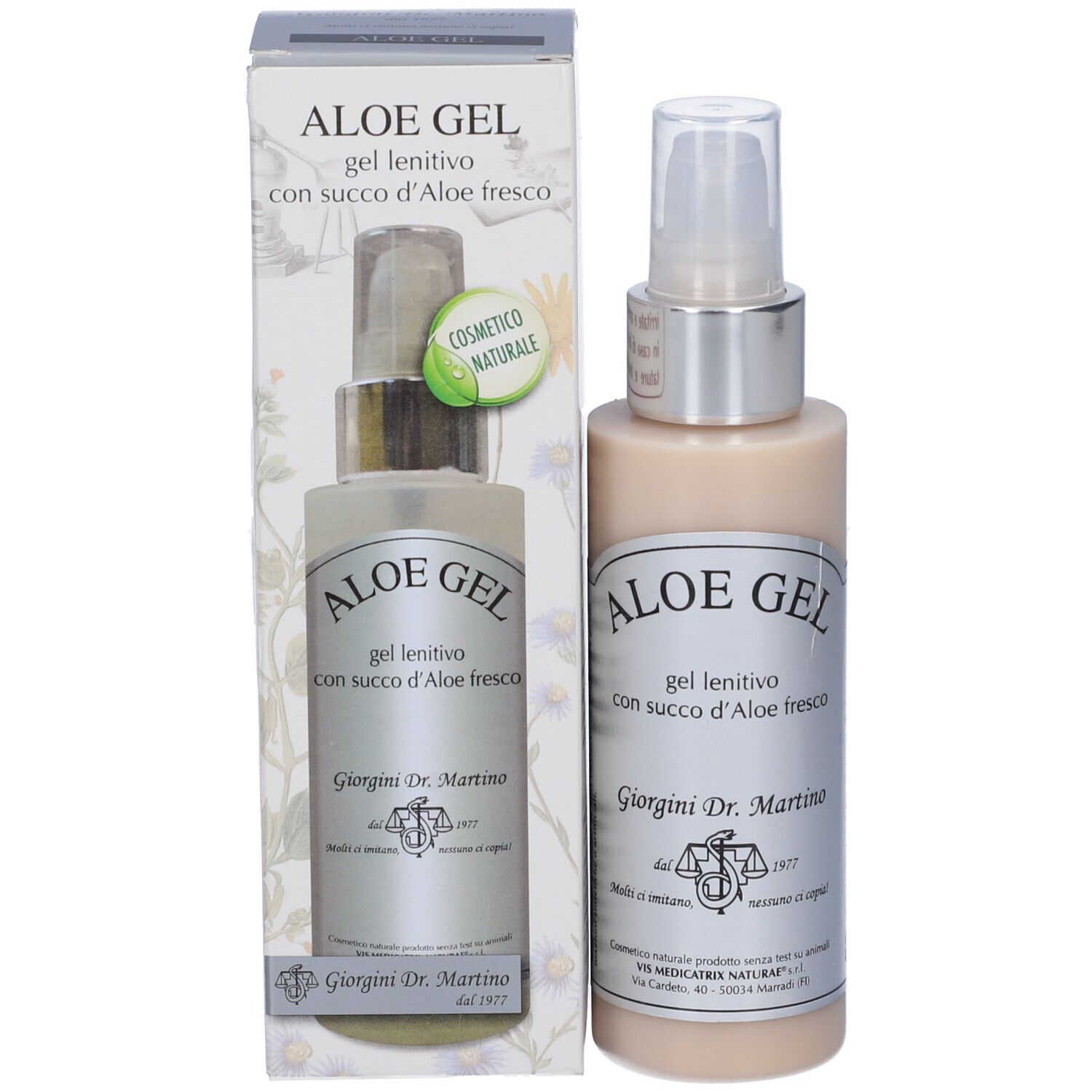 Flacone di Aloe Gel e confezione. Confezione con testo e immagine del prodotto. Flacone con vaporizzatore.