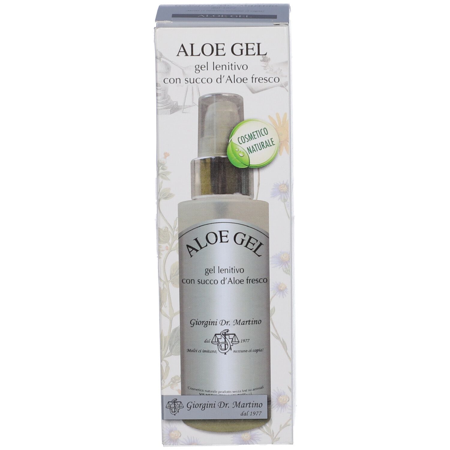 Flacone di Aloe Gel e confezione. Confezione con testo e immagine del prodotto. Flacone con vaporizzatore.