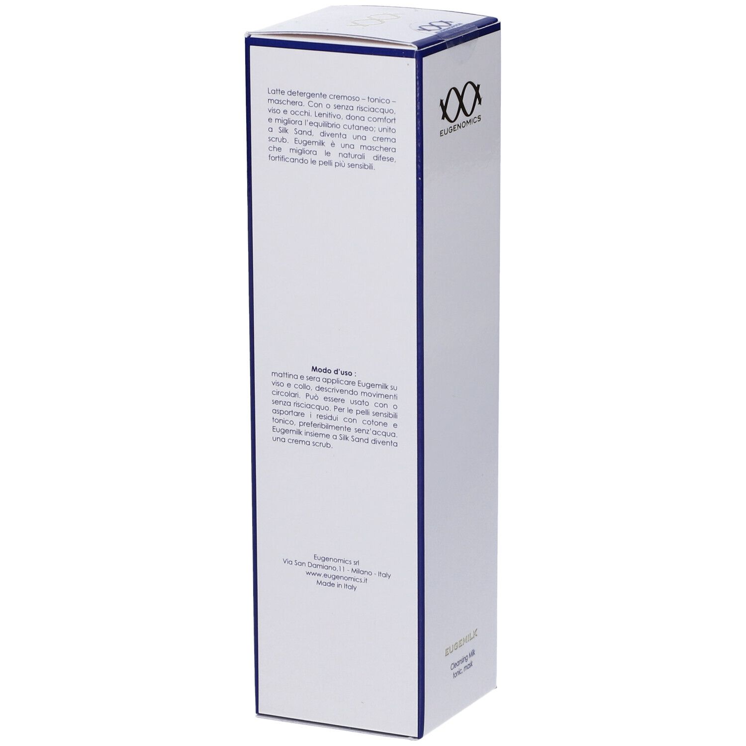 Scatola bianca con bordi blu. Testo in italiano. Logo Eugenomics. EUSEMILK. Latte detergente, tonico, maschera.