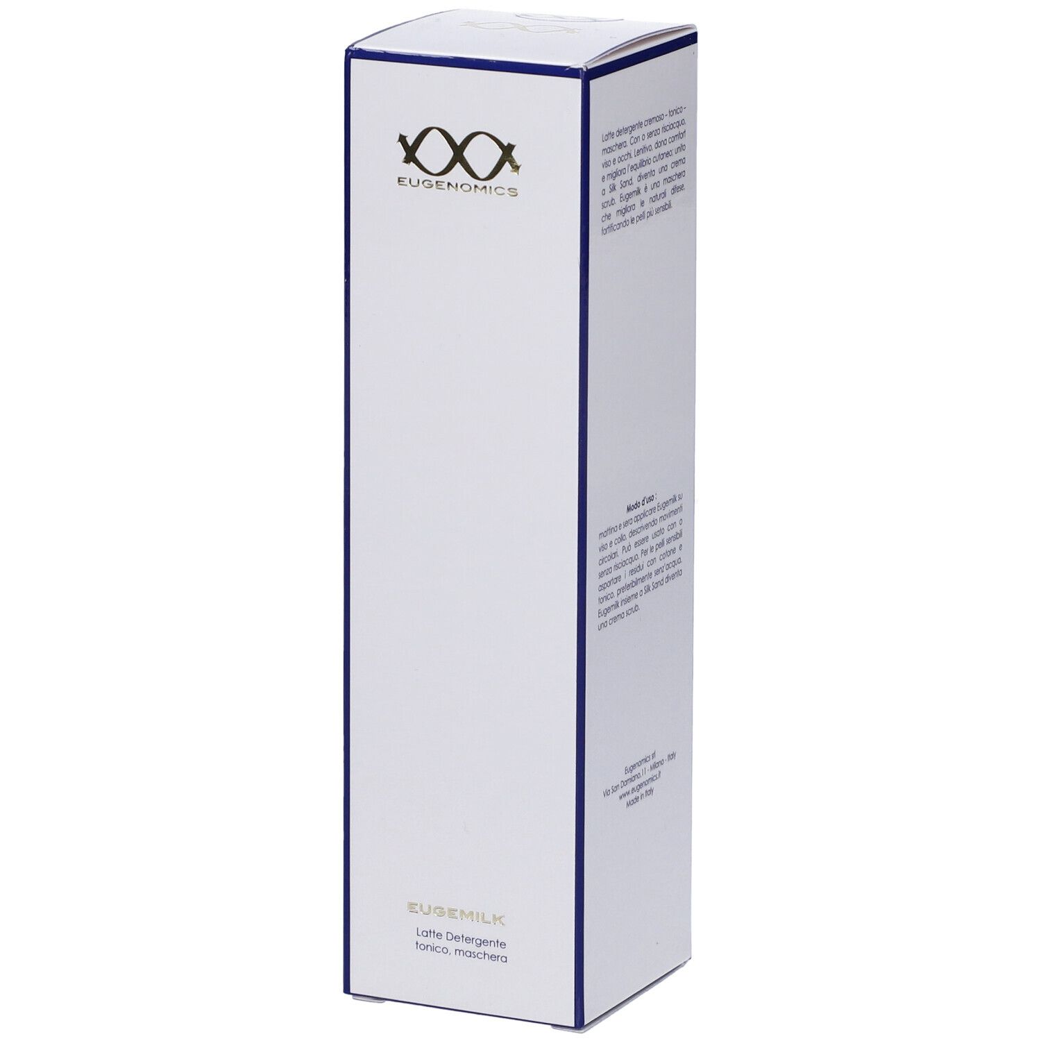 Scatola bianca con bordi blu. Testo in italiano. Logo Eugenomics. EUSEMILK. Latte Detergente, Tonic, Maschera.