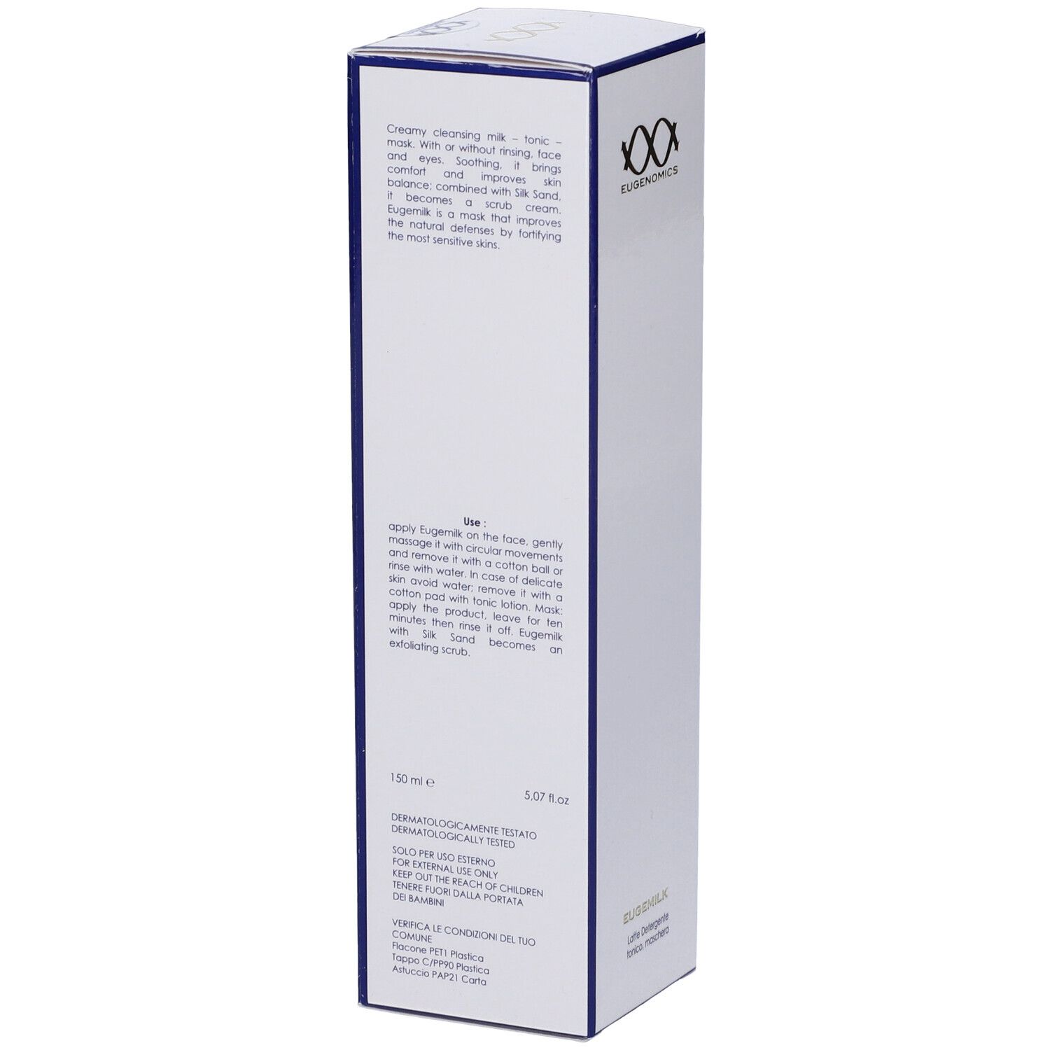 Scatola bianca con bordi blu. Testo in inglese. Logo Eugenomics. EUSEMILK. 150 ml, 5.07 fl oz. Dermatologicamente testato.