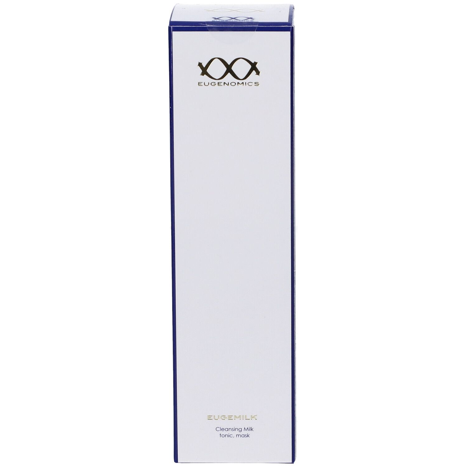Scatola bianca con bordi blu. Logo Eugenomics in alto. Sotto, EUSEMILK. Latte detergente, tonico, maschera.