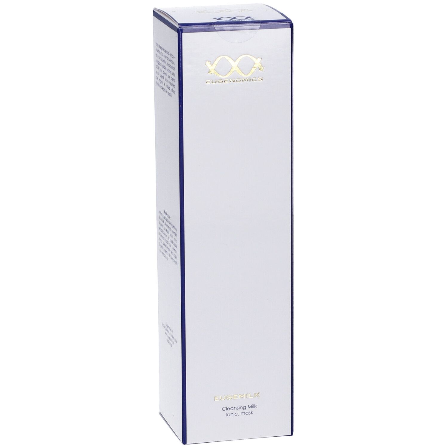 Scatola bianca con bordi blu. Logo Eugenomics in alto. Sotto, EUSEMILK. Latte detergente, tonico, maschera.