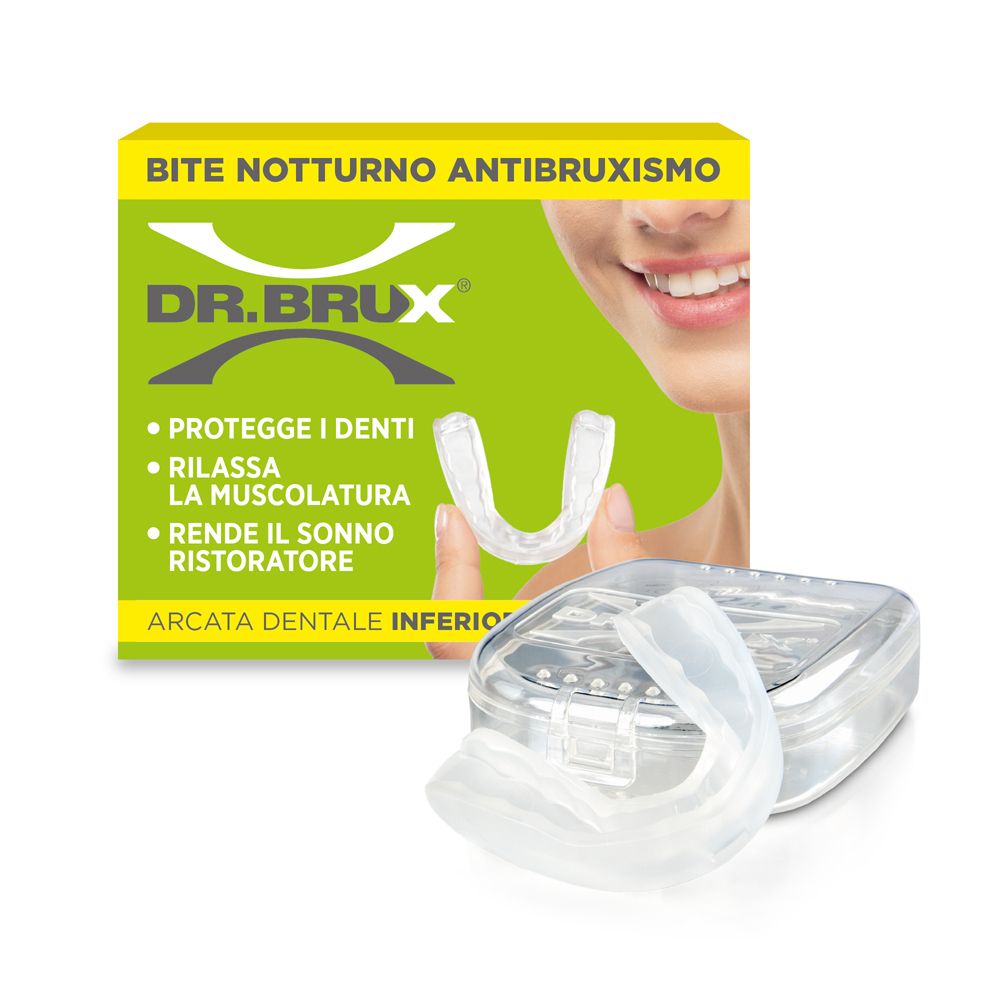 Confezione di DR. BRUX® Bite Notturno Anti bruxismo Arcata Dentale Inferiore. Contiene paradenti trasparente e custodia.