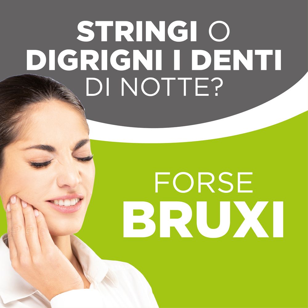Donna che si tocca la guancia. Testo: STRINGI O DIGRIGNI I DENTI DI NOTTE? FORSE BRUXI.