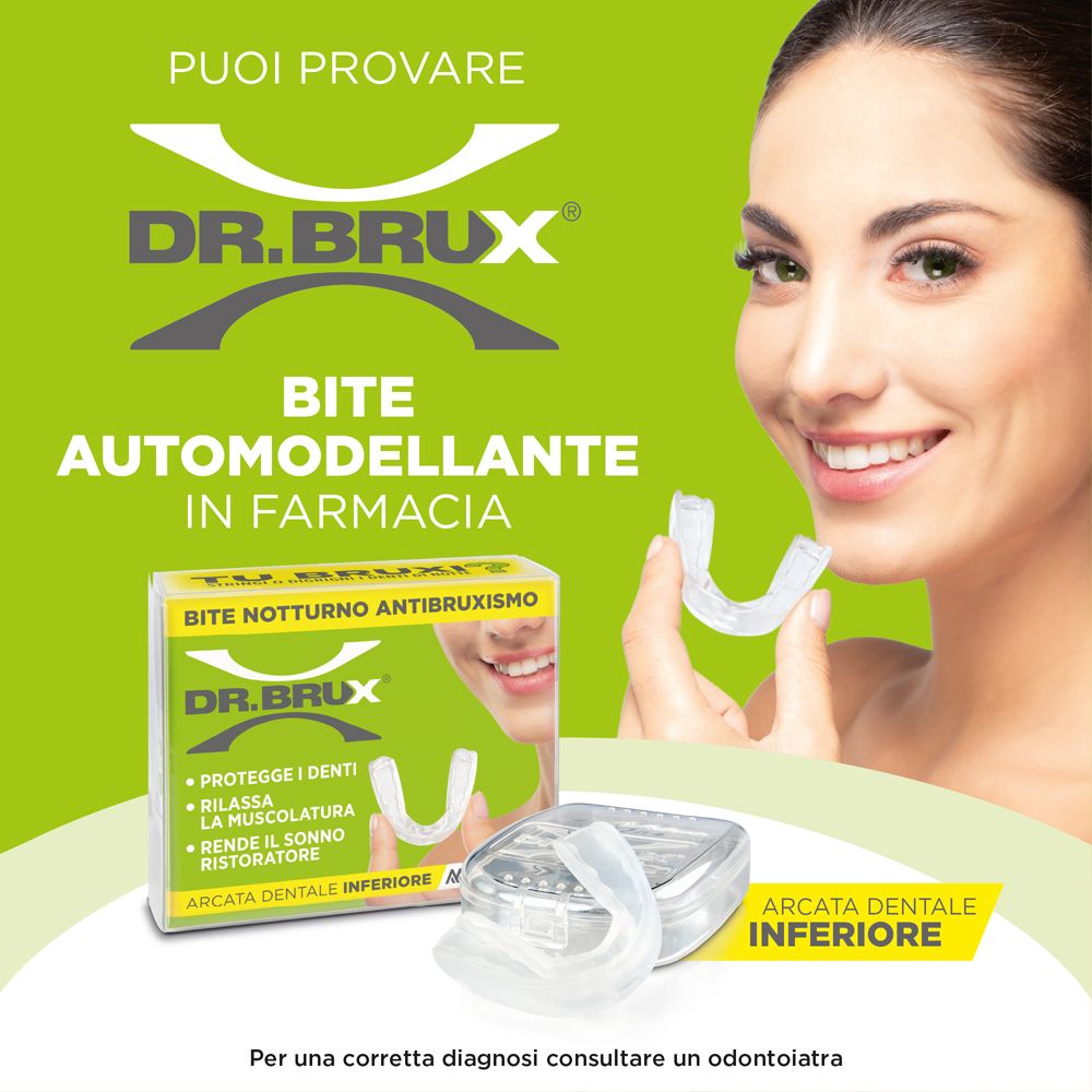 Pubblicità con DR. BRUX® Bite Notturno Anti bruxismo Arcata Dentale Inferiore. Mostra prodotto e confezione.
