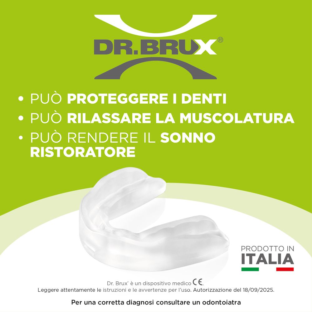 Paradenti trasparente. Testo: DR. BRUX®, Può proteggere i denti, Può rilassare la muscolatura.