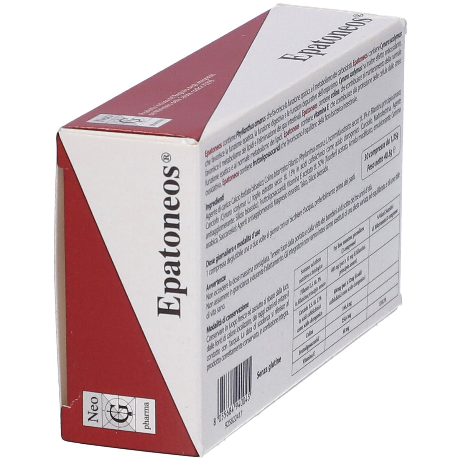 Retro scatola Epatoneos. Testo con ingredienti, dosaggio e avvertenze. 30 compresse, 1,35g.