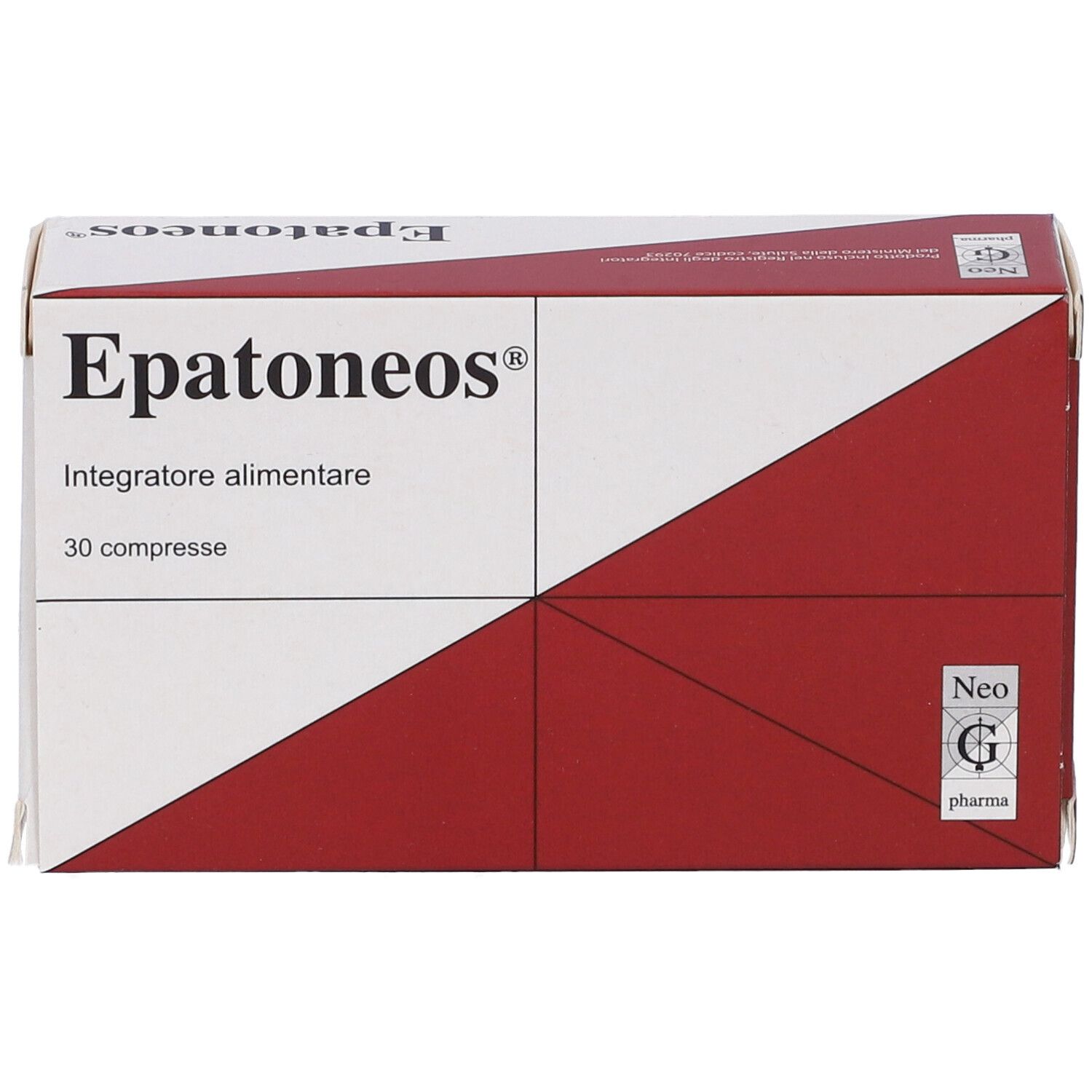 Scatola Epatoneos, integratore alimentare. Confezione bianca e rossa, nome prodotto, 30 compresse. Logo Neo G Pharma.