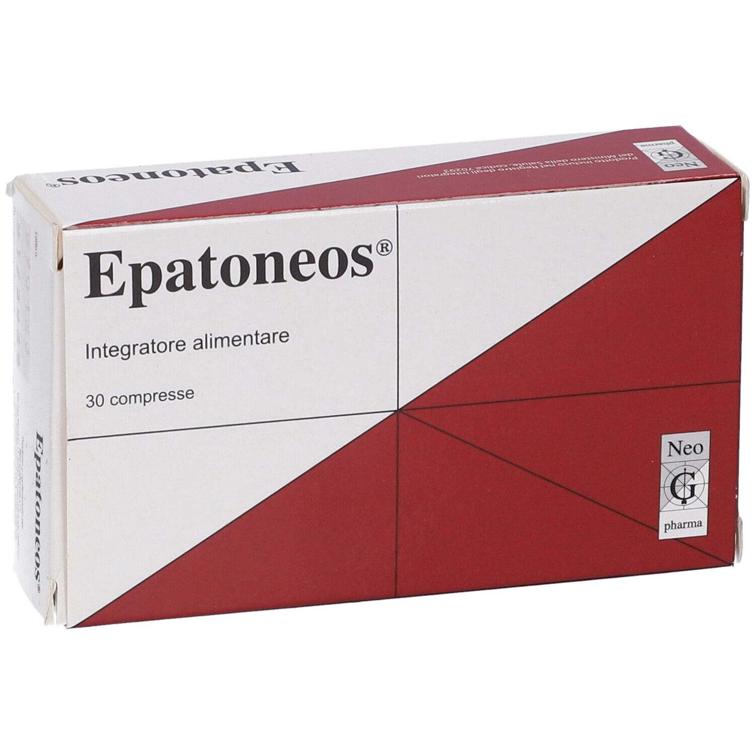 Scatola Epatoneos, integratore alimentare. Confezione bianca e rossa, nome prodotto, 30 compresse. Logo Neo G Pharma.