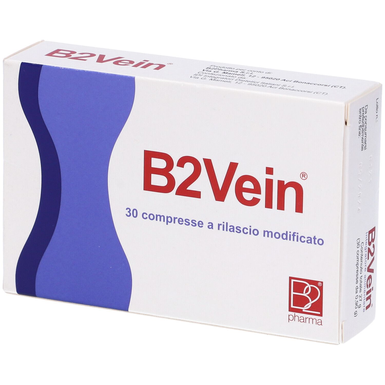 Primo piano della confezione B2Vein. Scatola bianca con design blu e scritta rossa. 30 compresse.