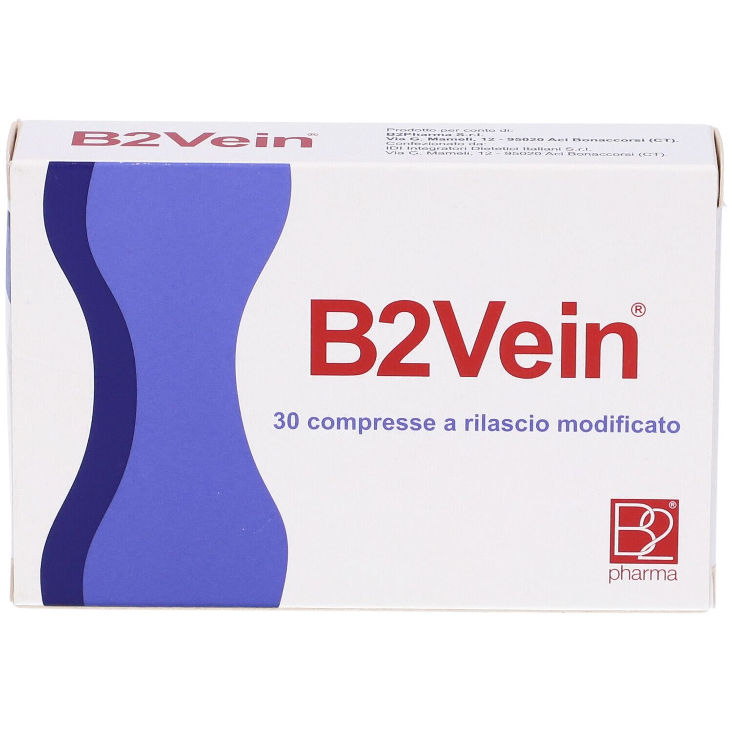 Confezione B2Vein, scatola bianca con design blu e scritta rossa. 30 compresse. Logo Pharma.