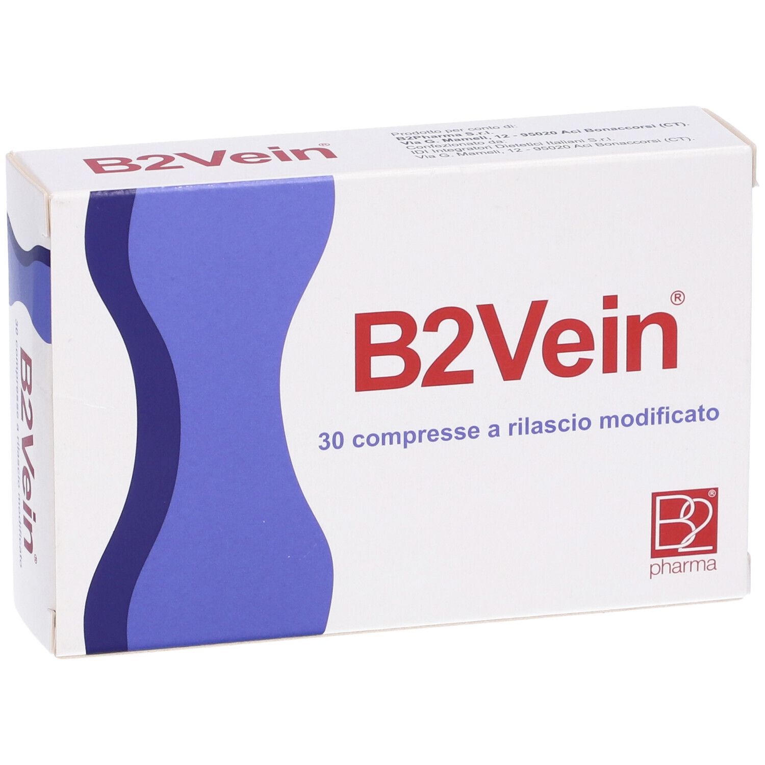 Confezione B2Vein, scatola bianca con design blu e scritta rossa. 30 compresse. Logo Pharma.
