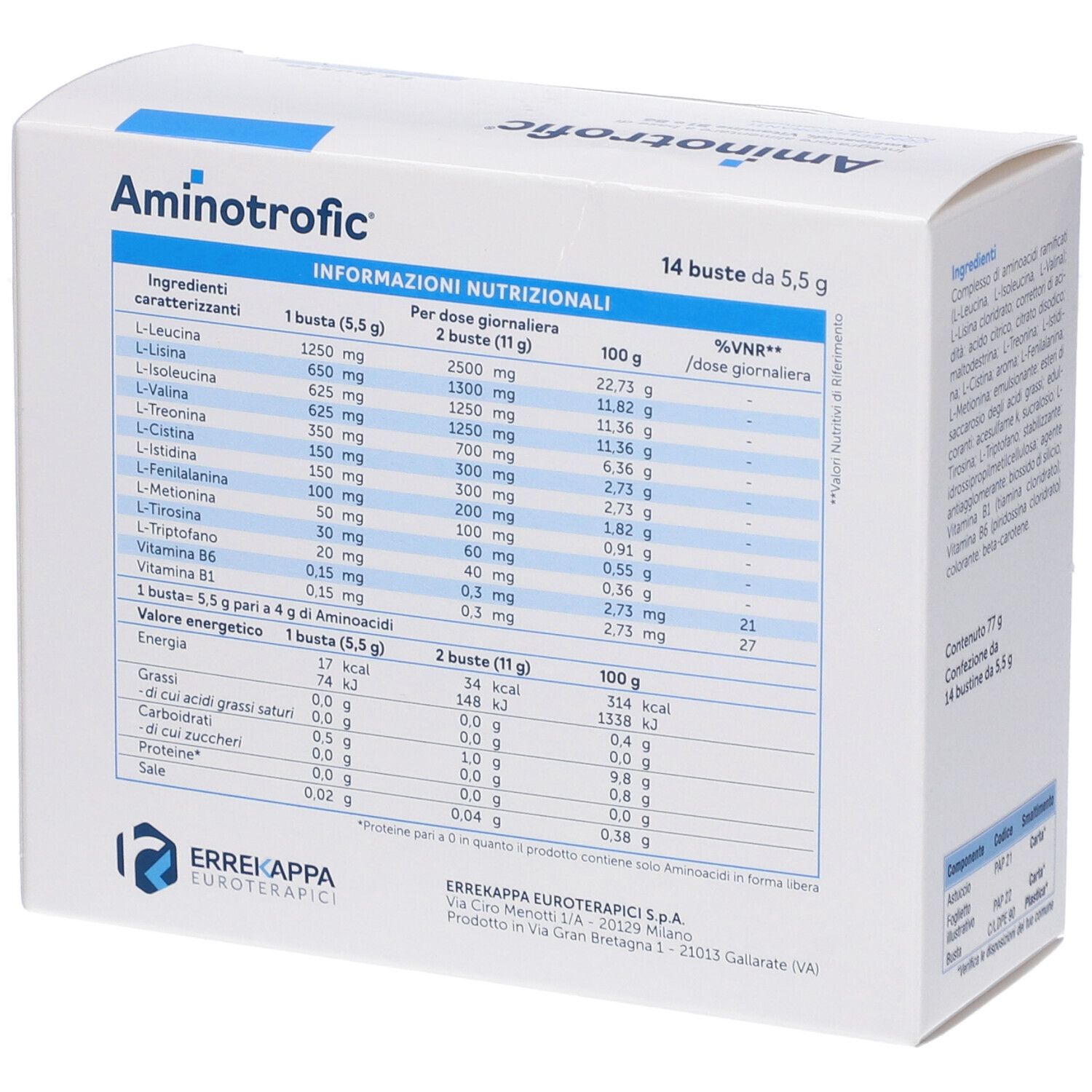 Scatola bianca con informazioni nutrizionali. Contiene aminoacidi, vitamina B1 e B6. Marchio Errekappa Euroterapici.